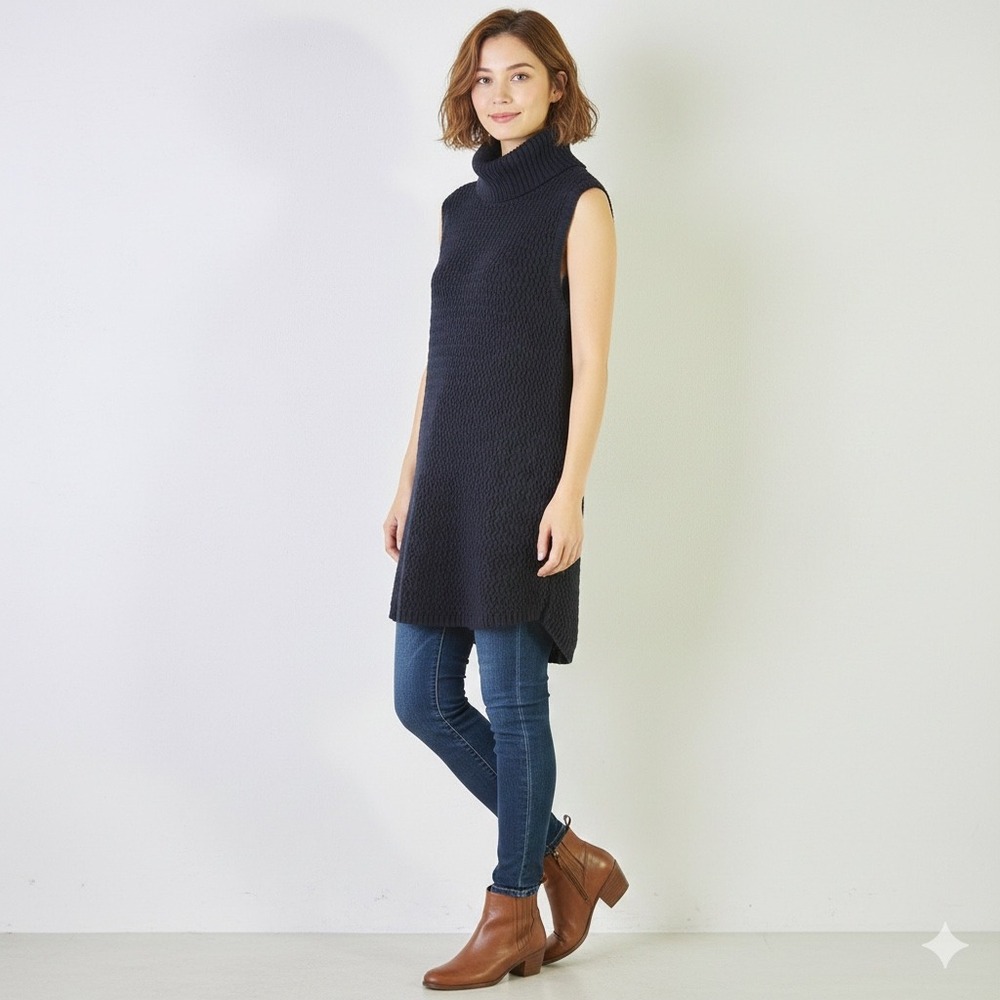 Lucy & Laurel Womens M Sleeveless Turtleneck Tunic Sweater Navy Textured Knit